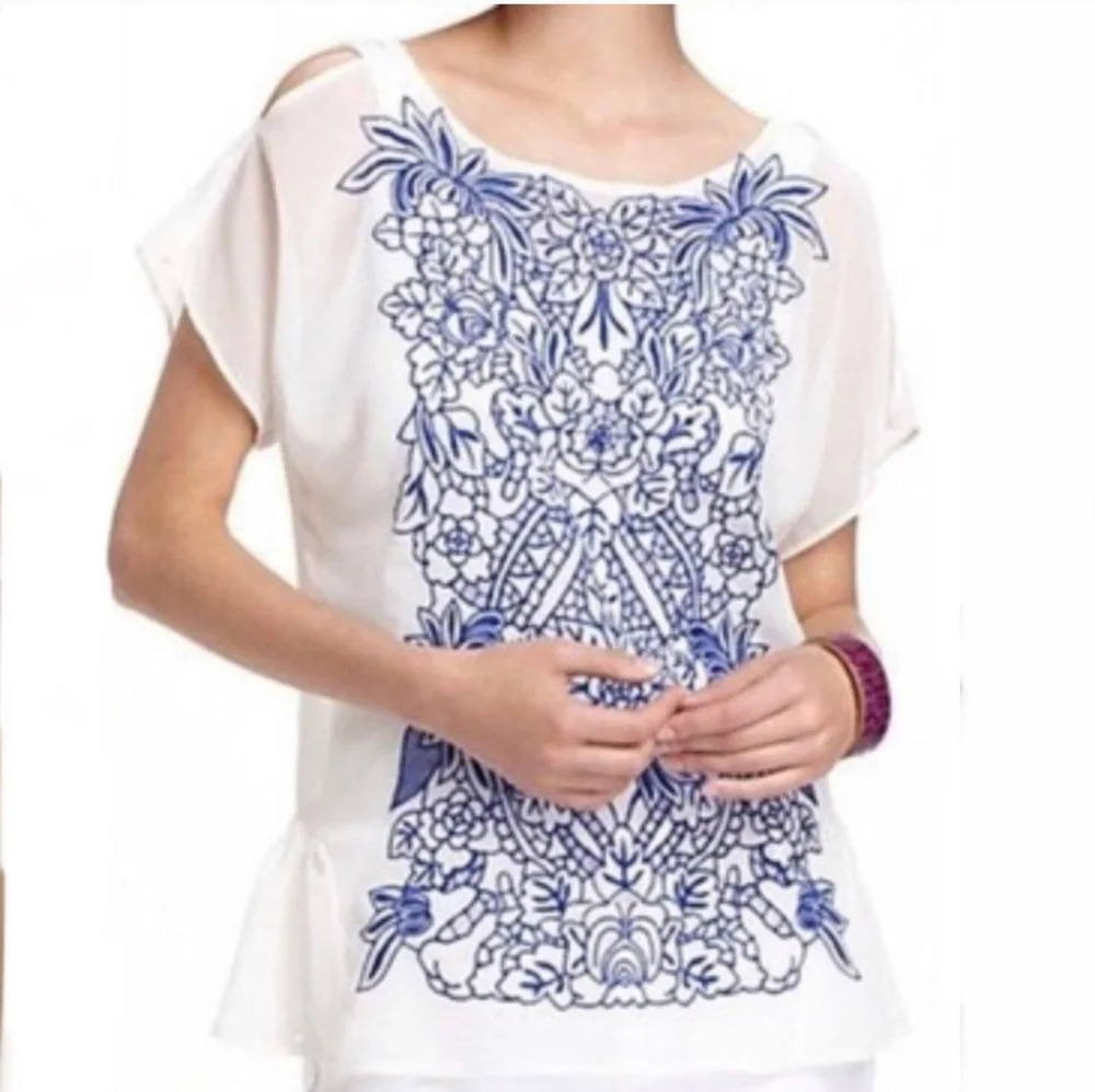 Anthropologie Baraschi Sheer Embroidered Floral Feminie Blouse Size Small